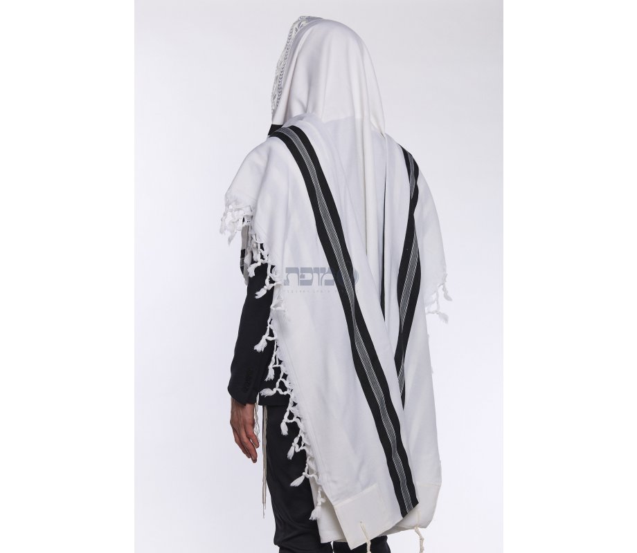 Shabbat Wool Tallit Non Slip Prayer Shawl with Lining - Black with Herringbone Stripe