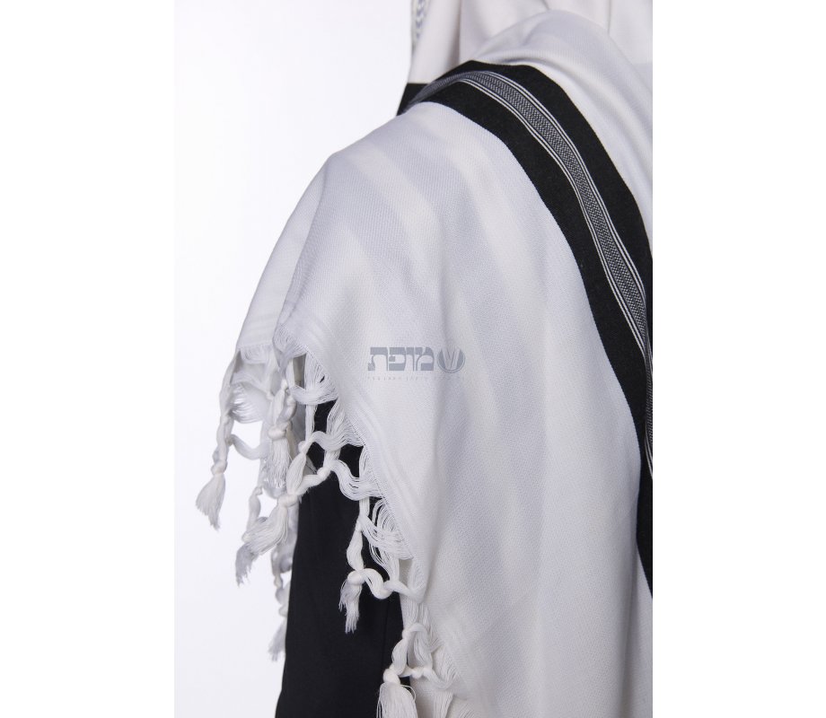 Shabbat Wool Tallit Non Slip Prayer Shawl with Lining - Black with Herringbone Stripe