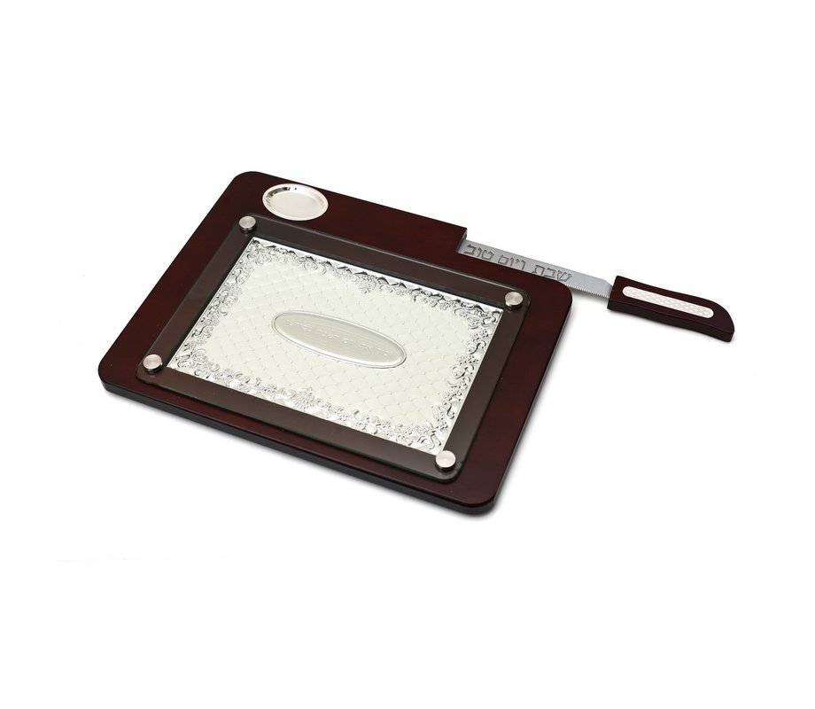 Shiny-Matte Challah Board with Knife and Salt Holder