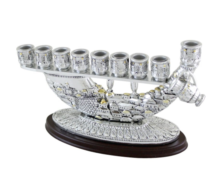 Shofar and Jerusalem Design Chanukah Menorah with Small Jug