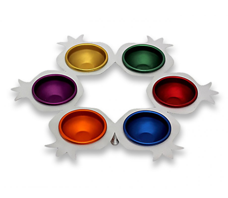 Shraga Landesman Aluminum Seder Plate Multicolored Round Pomegranate Shapes