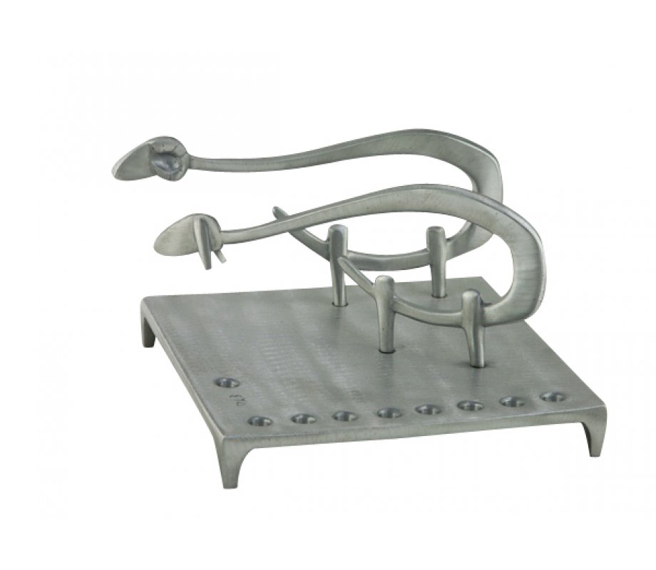 Shraga Landesman Aluminum Square Base Hanukkah Menorah - Sheep and Ram