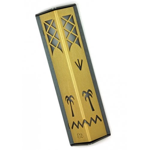 Shraga Landesman Angular Shiny Gold Aluminum Mezuzah Case - Palm Tree Motif