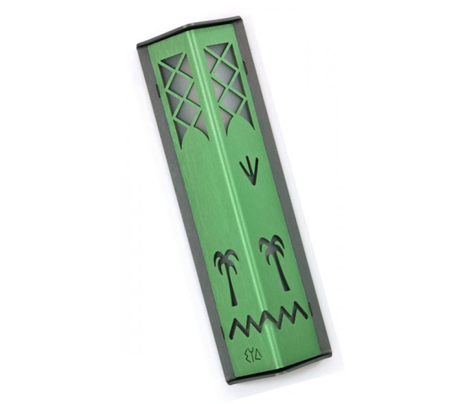 Shraga Landesman Angular Shiny Green Aluminum Mezuzah Case - Palm Tree Motif