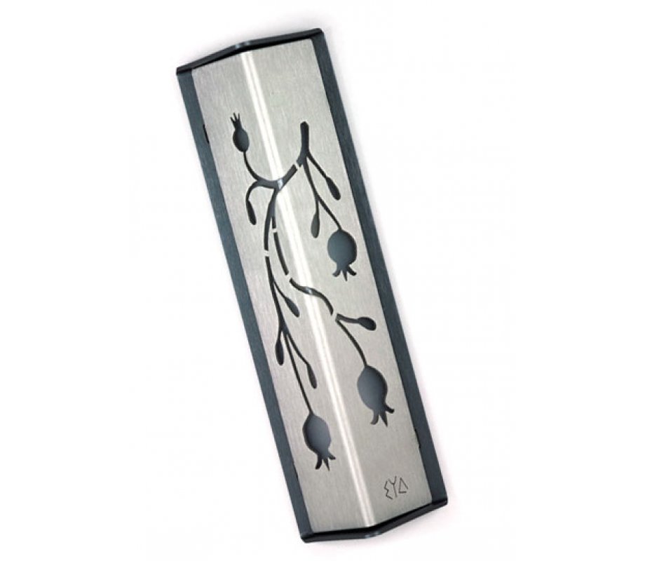 Shraga Landesman Angular Shiny Silver Aluminum Mezuzah Case - Pomegranate Motif