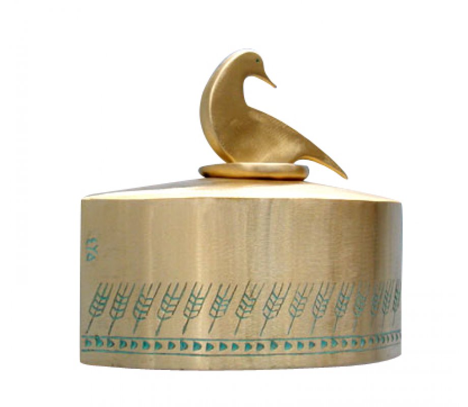 Shraga Landesman Brass Patina Charity Box Wheat Design - Gold Duck