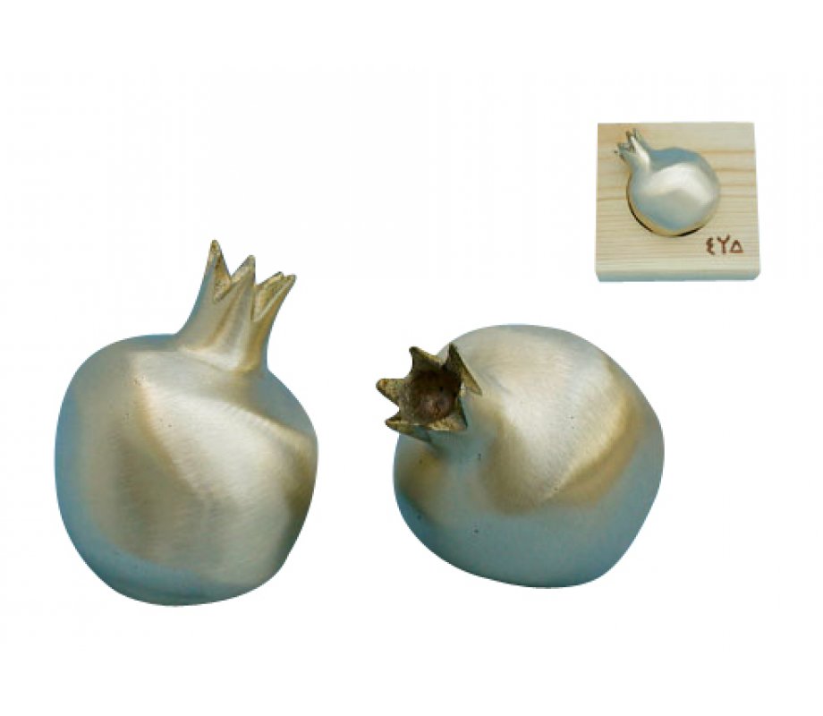 Shraga Landesman Bronze Patina Pomegranate Paperweight in Wood Base - Silver