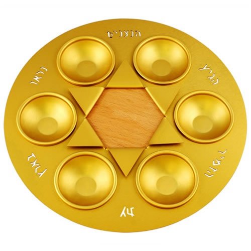 Shraga Landesman Gold Star of David Seder Plate - Aluminum and Wood
