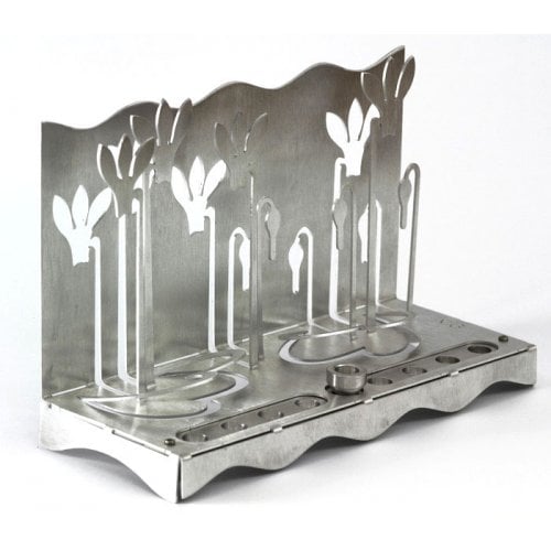 Shraga Landesman Hanukkah Menorah, Slender Cyclamen Flowers - Silver Gray