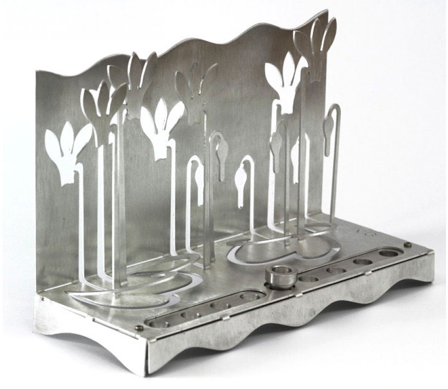 Shraga Landesman Hanukkah Menorah, Slender Cyclamen Flowers - Silver Gray