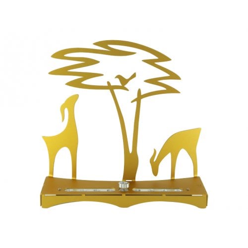 Shraga Landesman Hanukkah Menorah with Acacia Tree, Deer and Bird - Gold