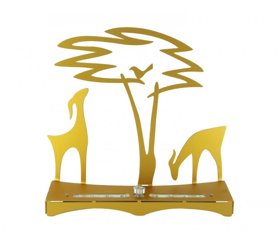 Shraga Landesman Hanukkah Menorah with Acacia Tree, Deer and Bird - Gold