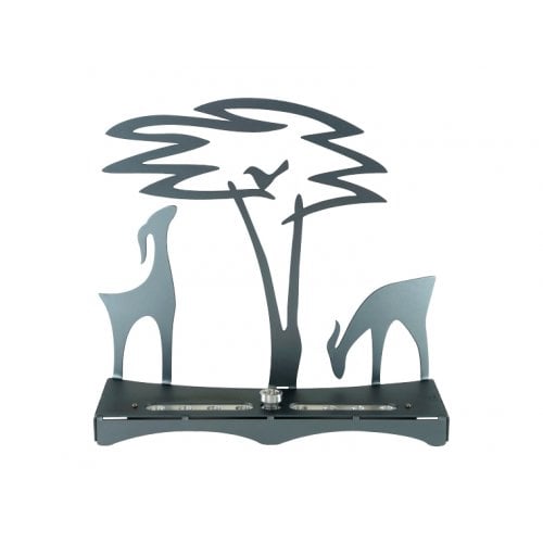 Shraga Landesman Hanukkah Menorah with Acacia Tree, Deer and Bird - Gray