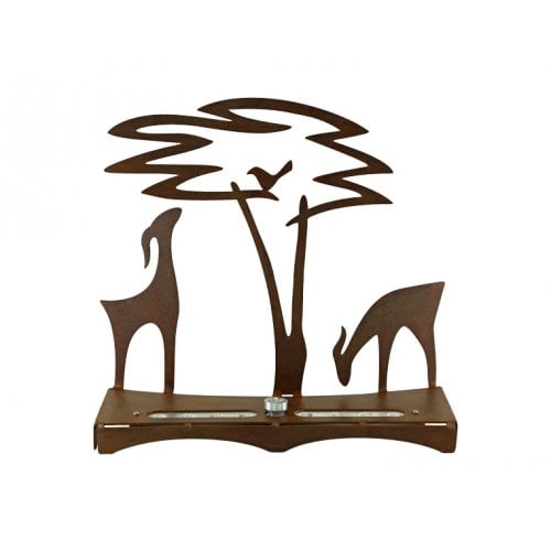 Shraga Landesman Hanukkah Menorah with Acacia Tree, Deer and Bird - Rust Color