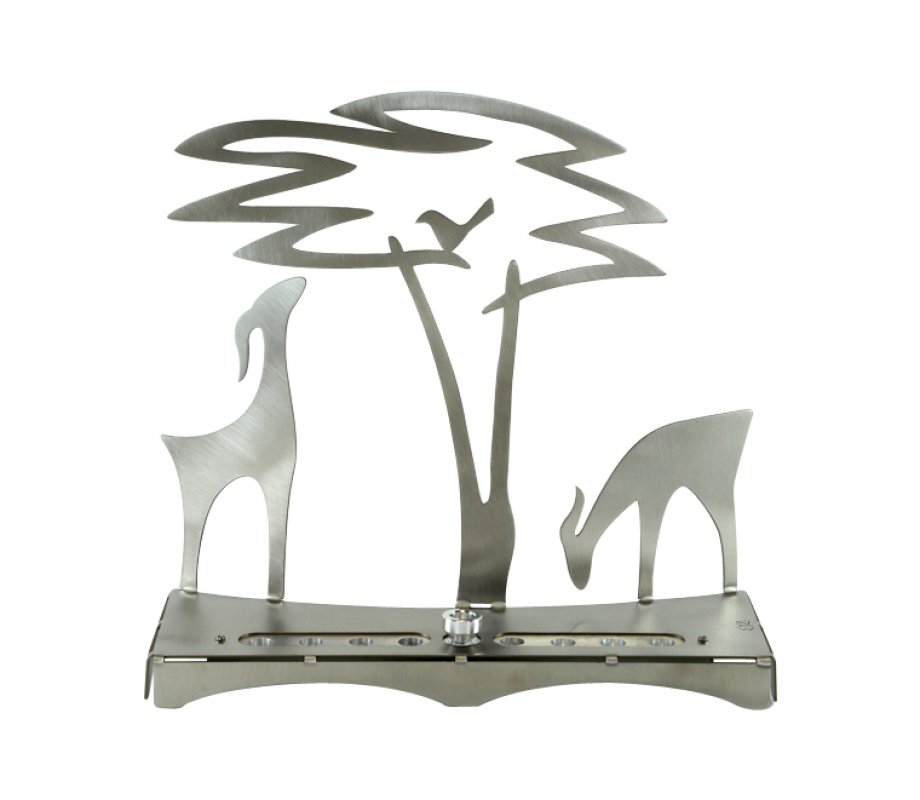 Shraga Landesman Hanukkah Menorah with Acacia Tree, Deer and Bird - Silver