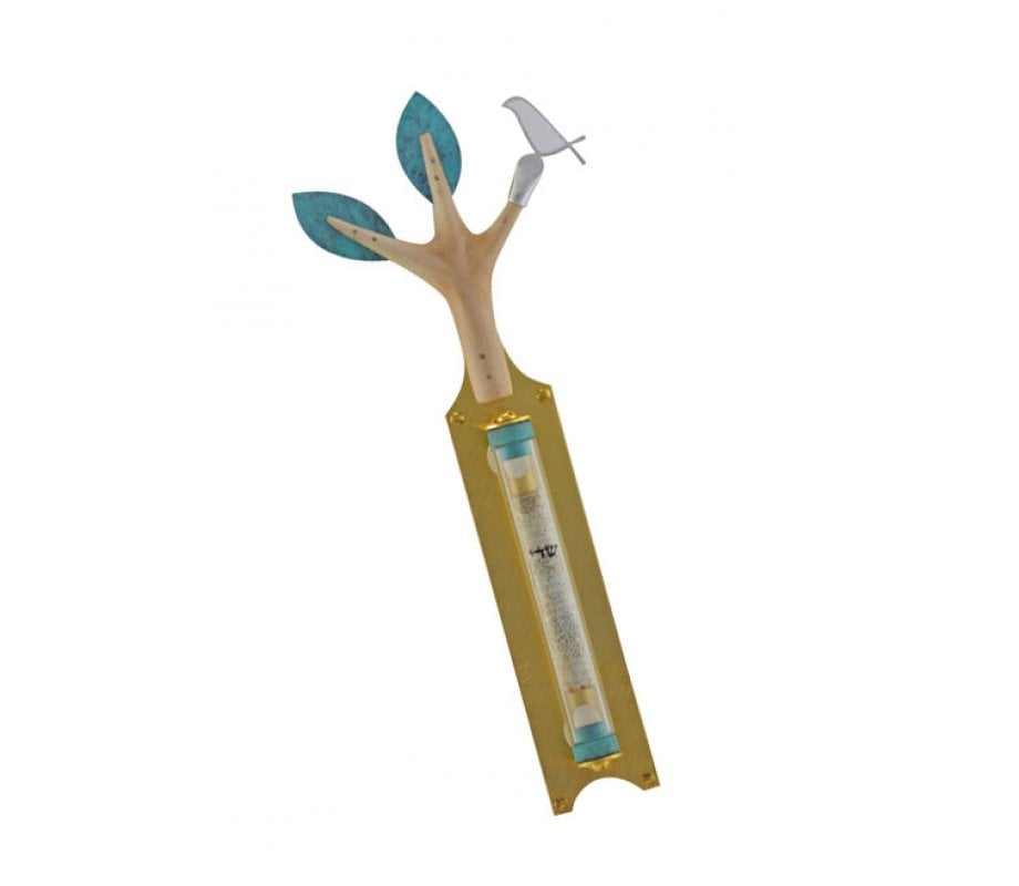 Shraga Landesman Olive Tree and Dove Mezuzah Case Gold & Turquoise - Metals