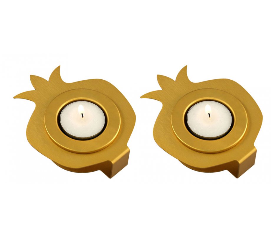 Shraga Landesman Pair Aluminum Pomegranate Candle Holders - Gold