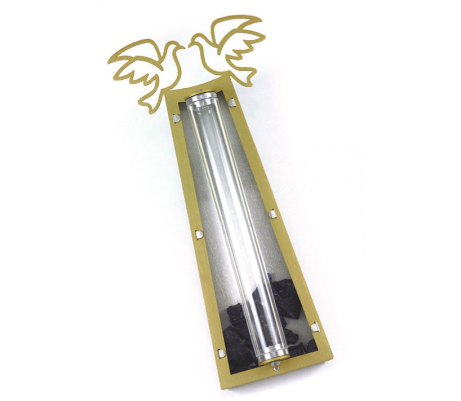 Shraga Landesman Peace Doves Mezuzah Case Gold and Colored - Aluminum Lucite