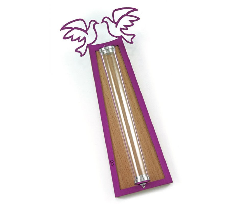 Shraga Landesman Peace Doves Mezuzah Case Purple and White - Aluminum, Lucite
