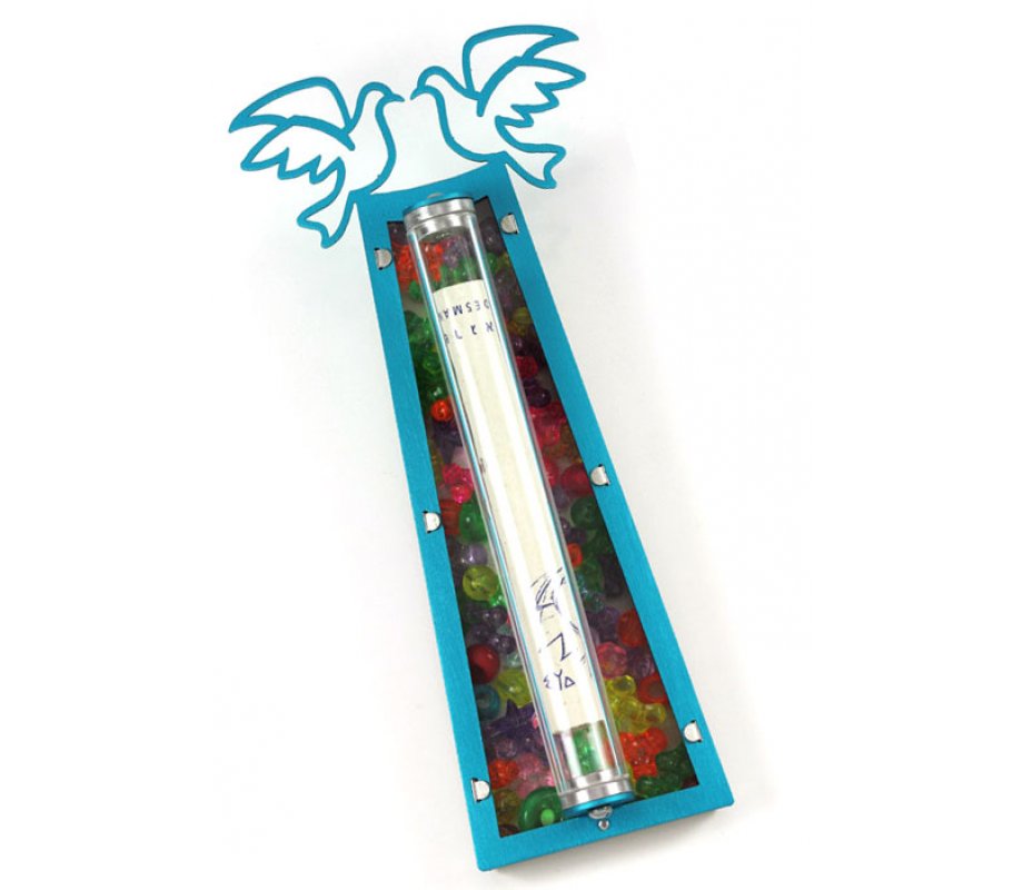 Shraga Landesman Peace Doves Mezuzah Case Turquoise and Colorful - Aluminum, Lucite