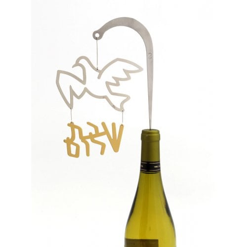Shraga Landesman Silver and Gold Wine Bottle Stopper - Shabbat Shalom Dove