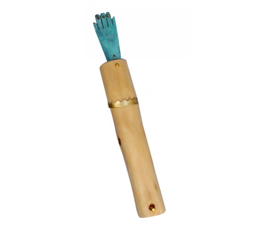 Shraga Landesman Wood Patina & Copper Mezuzah Case Extended Hamsa Hand - Blue