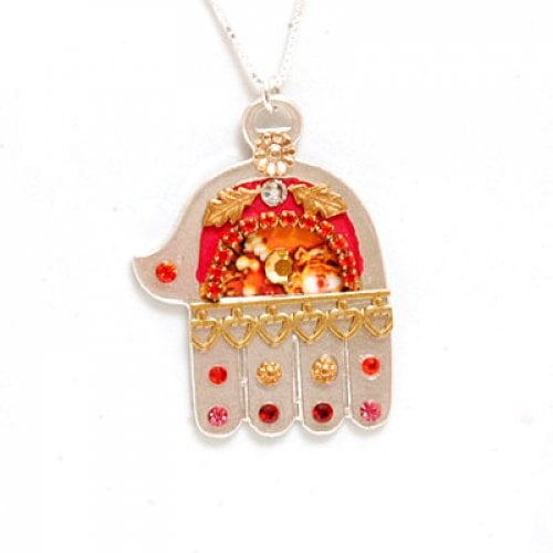 Silver Hamsa Necklace in Red and Orange- Shahaf