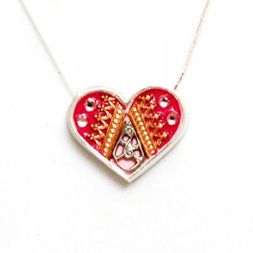Silver Heart Necklace in Pink and Red by Ester Shahaf