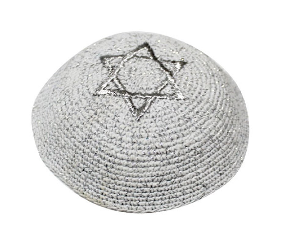 Silver Knitted Kippah with Embroidered Silver Star of David