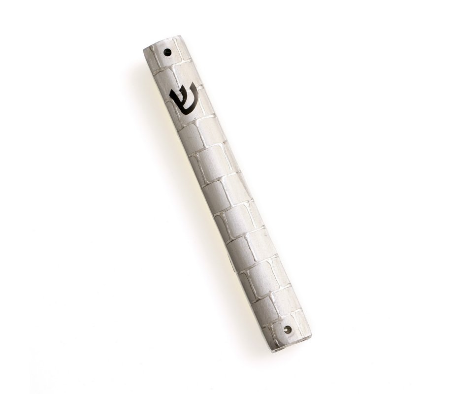 Silver Metal Mezuzah Case, Overlaid Silver Western Wall Image - Black Shin