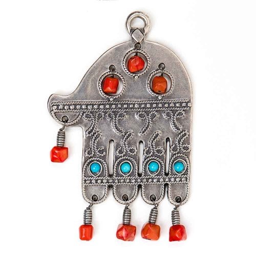 Silver Plated Ancient Wall Hamsa with Colorful Beads - Israel Museum Replica