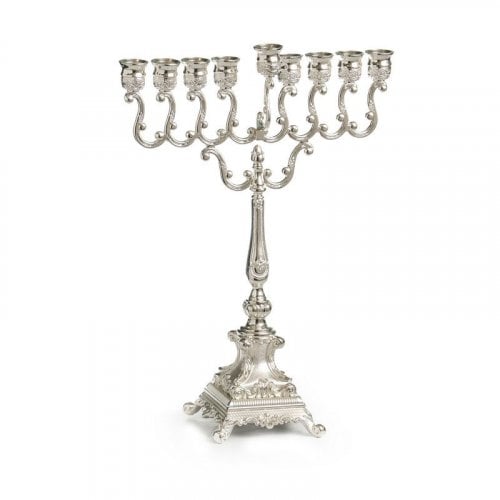 Silver Plated Chanukah Menorah, Swirls and Ornate Square Base - 13.3