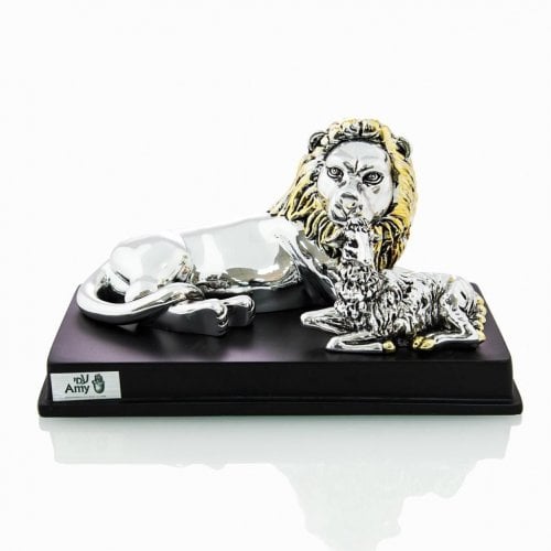 Silver Plated Figurine with Gold Accents, Lion and Lamb on Wood Base