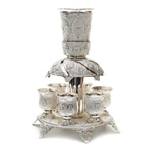 Silver Plated Filigree Design Kiddush Fountain with Six Cups on Raised Tray