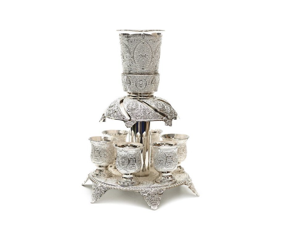 Silver Plated Filigree Design Kiddush Fountain with Six Cups on Raised Tray