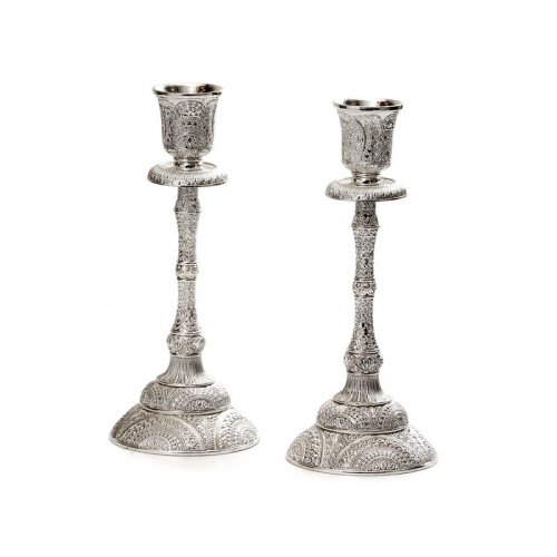 Silver Plated Filigree Shabbat Candlesticks - 7.4