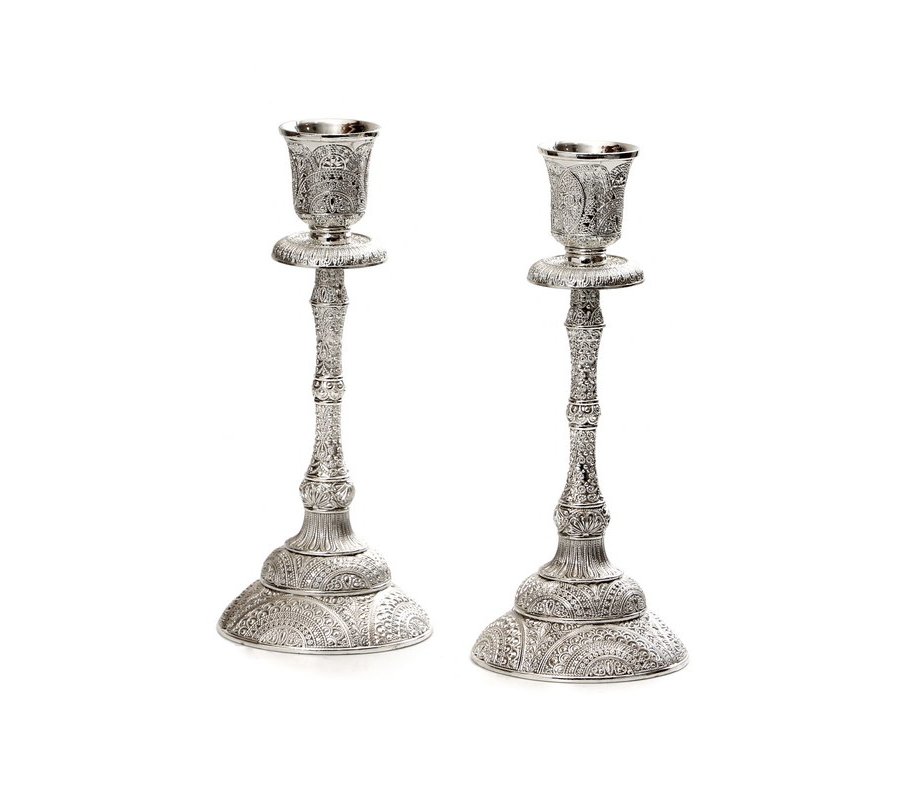 Silver Plated Filigree Shabbat Candlesticks - 7.4