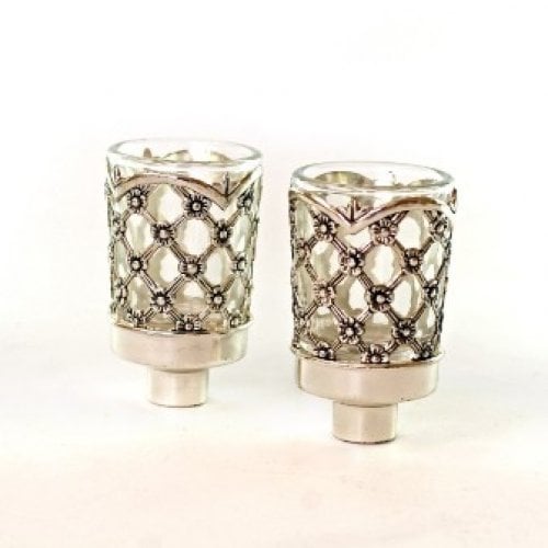 Silver Plated Inserts with Glass Holders for Shabbat Candles - Lattice Design