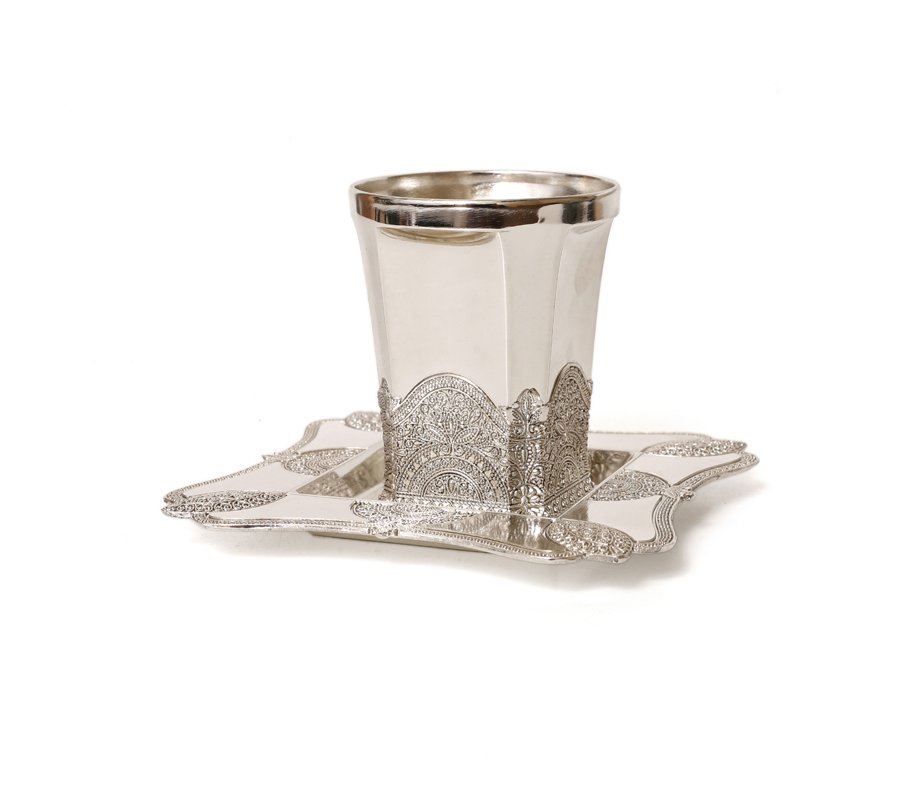 Silver Plated Kiddush Cup and Square Tray - Filigree design
