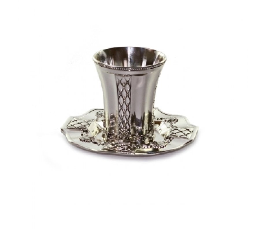Silver Plated Kiddush Cup and Tray with Diamond Design