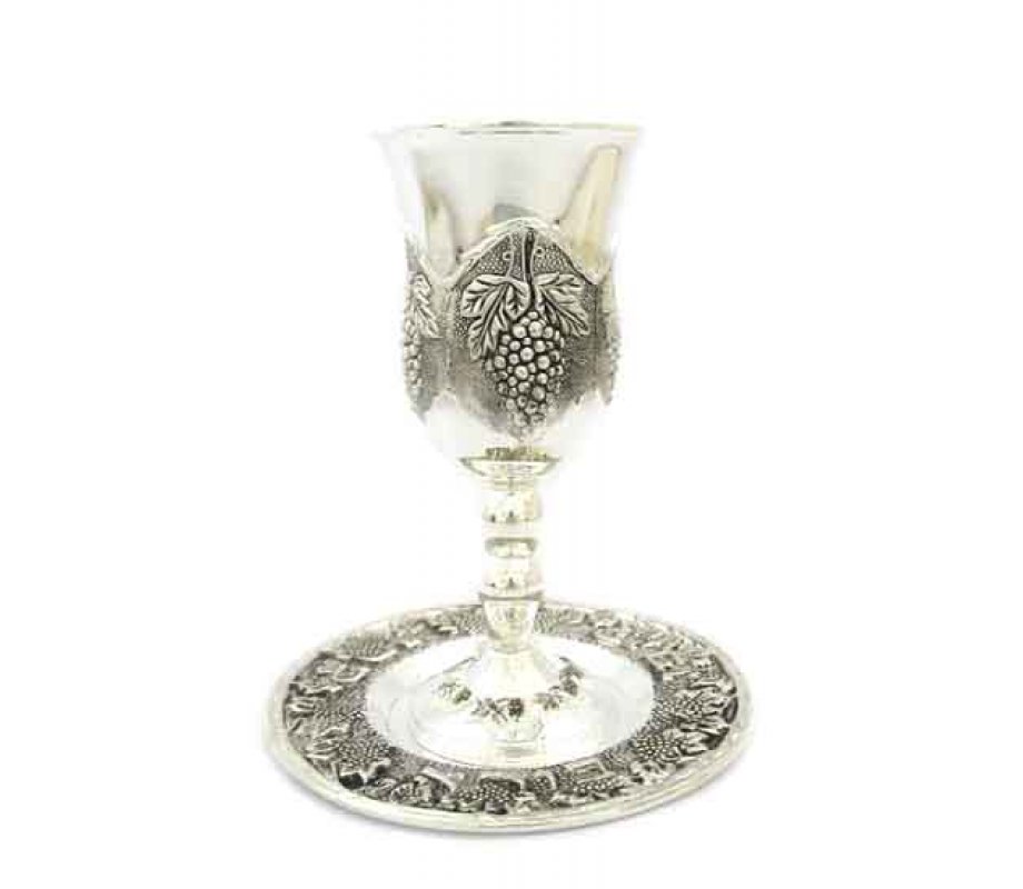 Silver Plated Kiddush Cup on Stem - Grapes Design