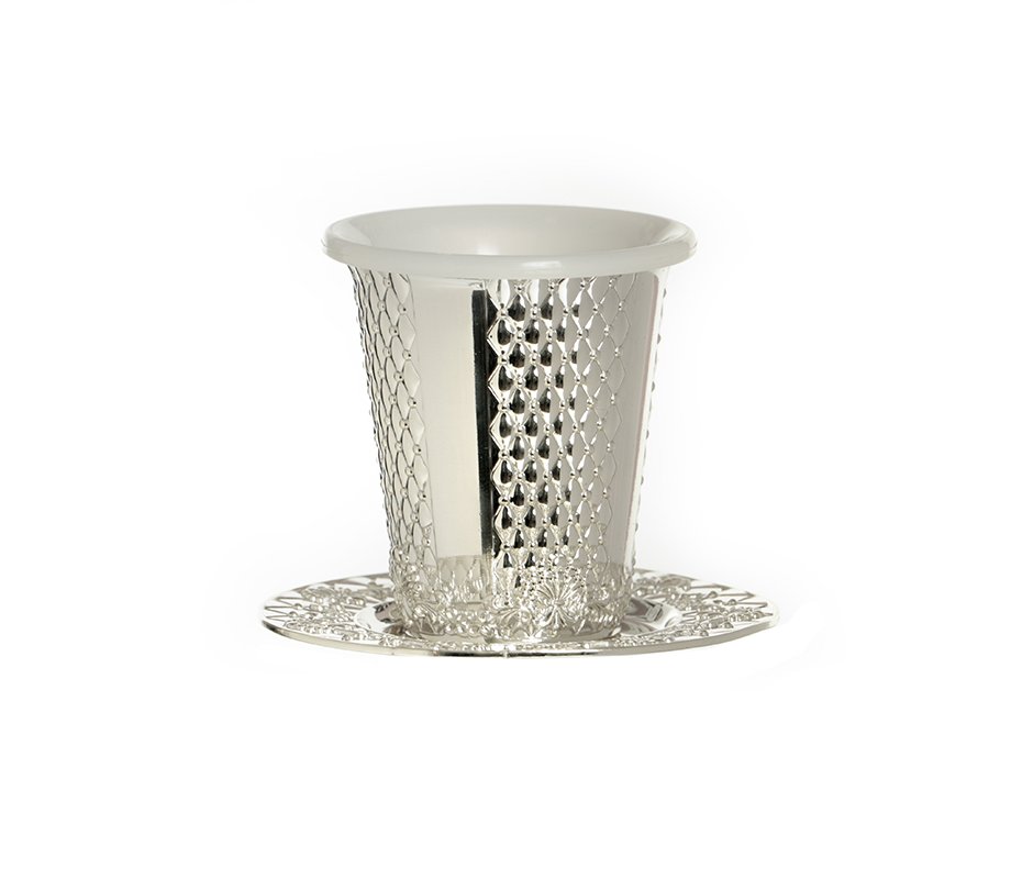 Silver Plated Kiddush Cup with Matching Plate, Diamond Design