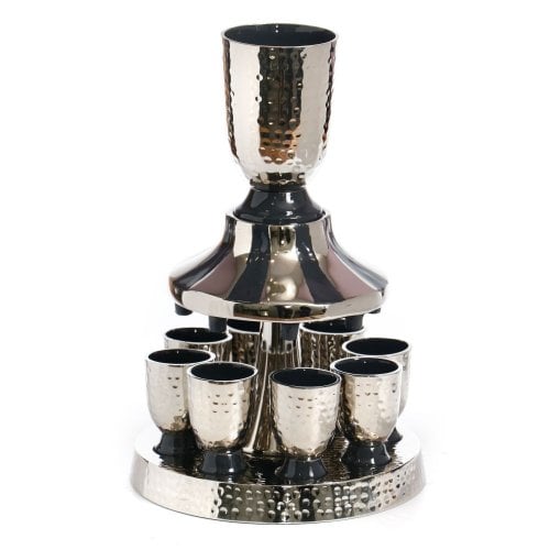 Silver Plated Kiddush Fountain, Eight Small Cups - Hammered With Black Color