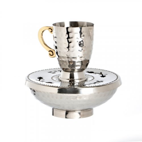 Silver Plated Mayim Achronim Jug and Bowl with Lid - Hammered Design