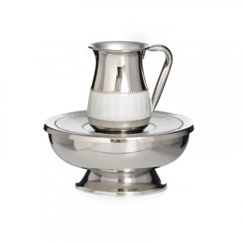 Silver Plated Mayim Achronim Jug and Bowl with Lid - White Enamel Band
