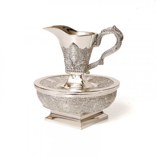 Silver Plated Mayim Achronim Two Piece Wash Cup and Base - Filigree design