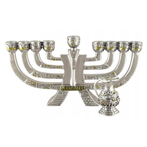 Silver Plated Polyresin Chanukah Menorah with Gold Elements - Jerusalem and Jug