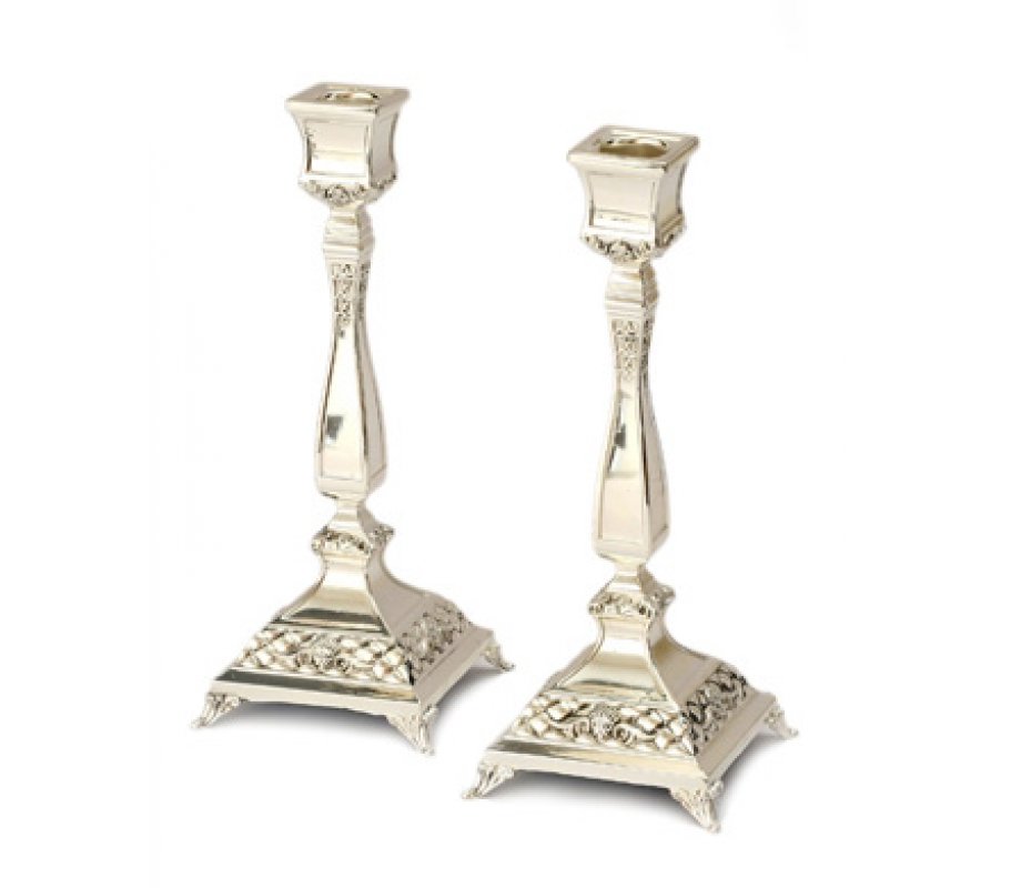 Silver Plated Raised Candlesticks, Engraved Class Design - 7.2 Inches Height