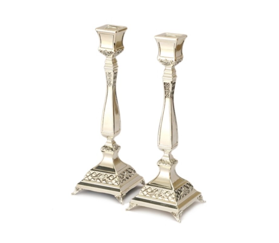 Silver Plated Raised Candlesticks, Engraved Classic Design - 9.8 Inches Height