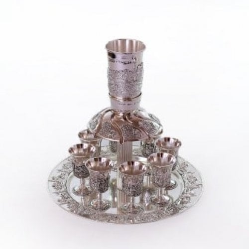 Silver Plated Raised Kiddush Fountain, Eight Stem Cups and Tray - Jerusalem Motif